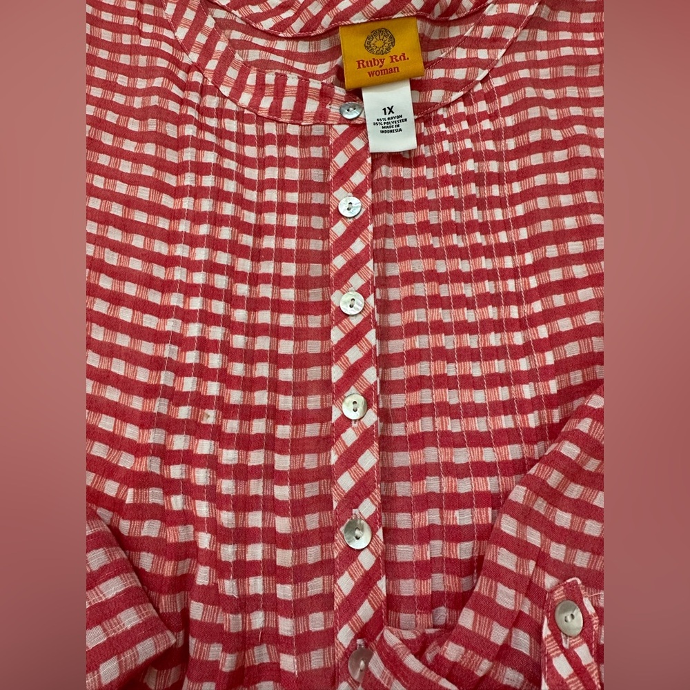 Ruby Rd. Coral Gingham Blouse - Picture 4 of 5